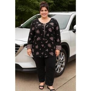 Torrid Womens Black Blush Pink Floral Gauzy Tie Neck Button Down Boho Blouse, 3X